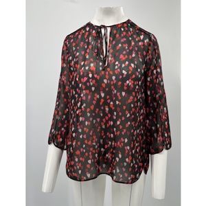 Giamba Black Sheer Silk Heart Sprinkle Print 3/4 Sleeve V-Neck Blouse sz 40/XS